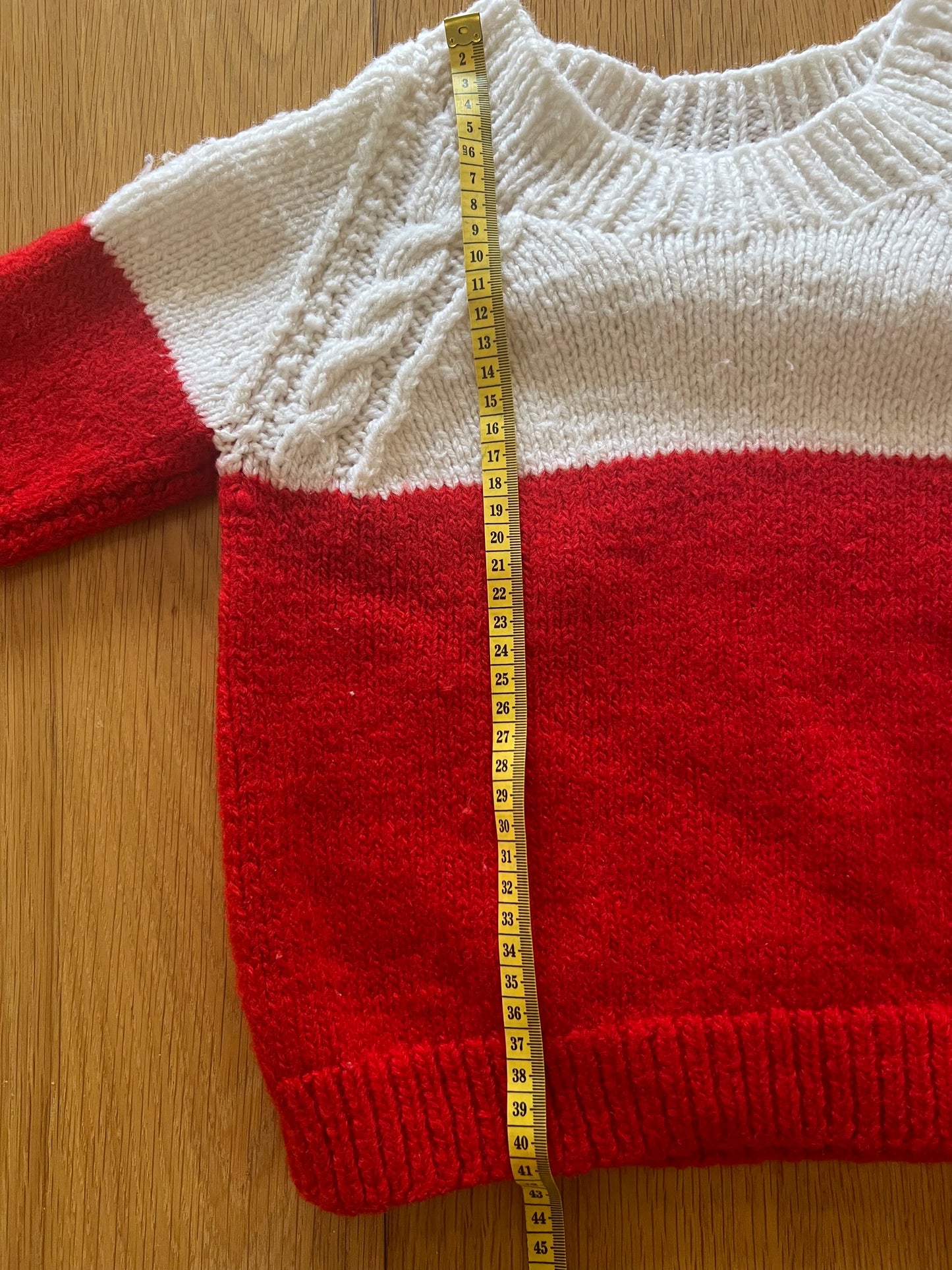 Handknit white red jumper 3Y