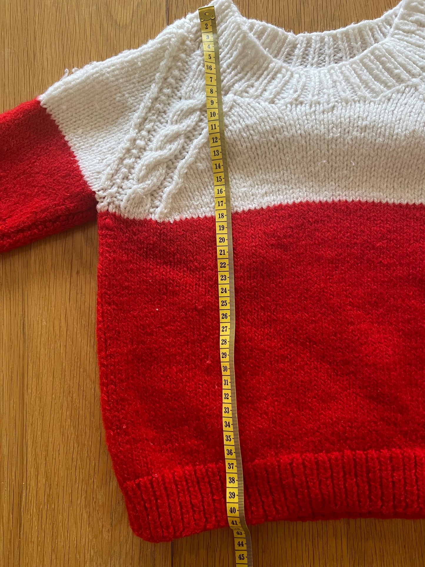 Handknit white red jumper 3Y