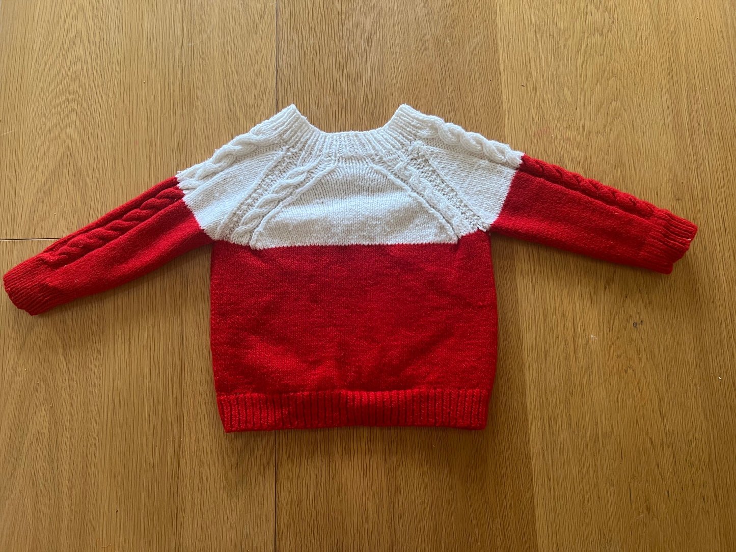 Handknit white red jumper 3Y