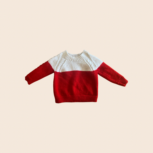 Handknit white red jumper 3Y